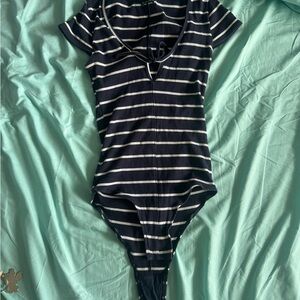 Urban Outfitters Navy and White Striped Ribbed One-Piece Bodysuit